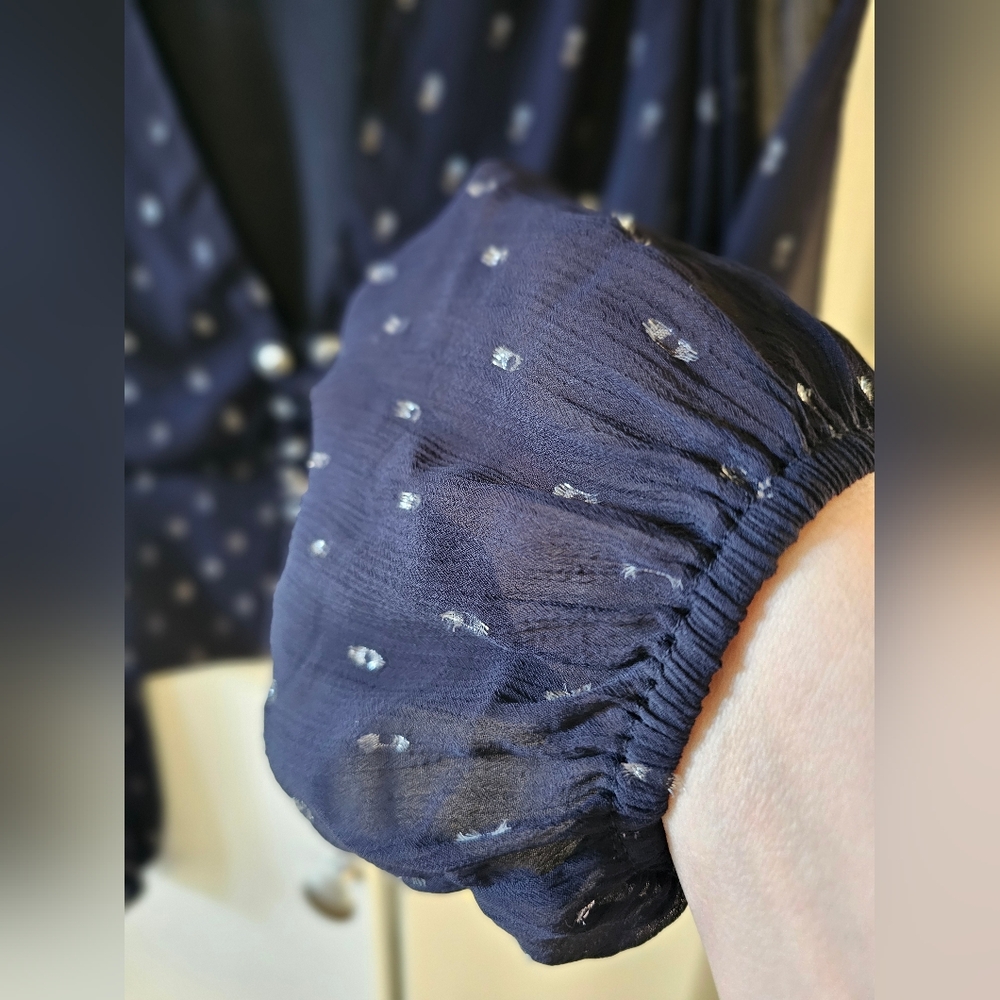 The Kooples Navy Blue Cosmic Dots Sheer lace-up bodice Long-sleeved Top SzM = 6 - Picture 5 of 11